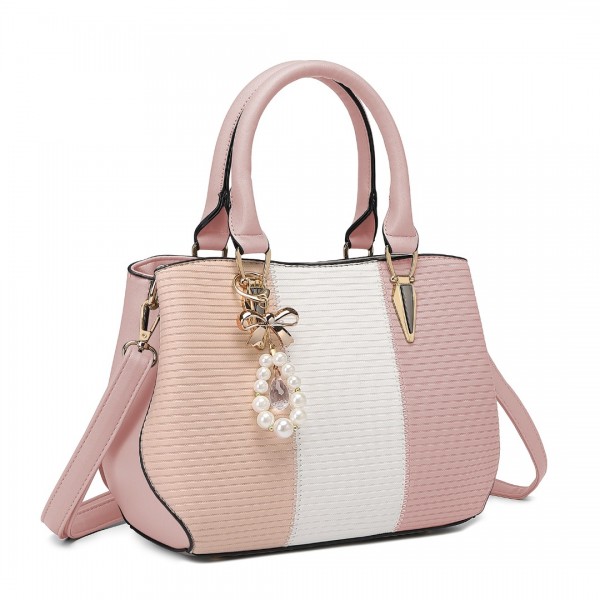 LG6866 - Miss Lulu Handtasche mit Schleifenanhänger und Farbblock in Lederoptik - Rosa