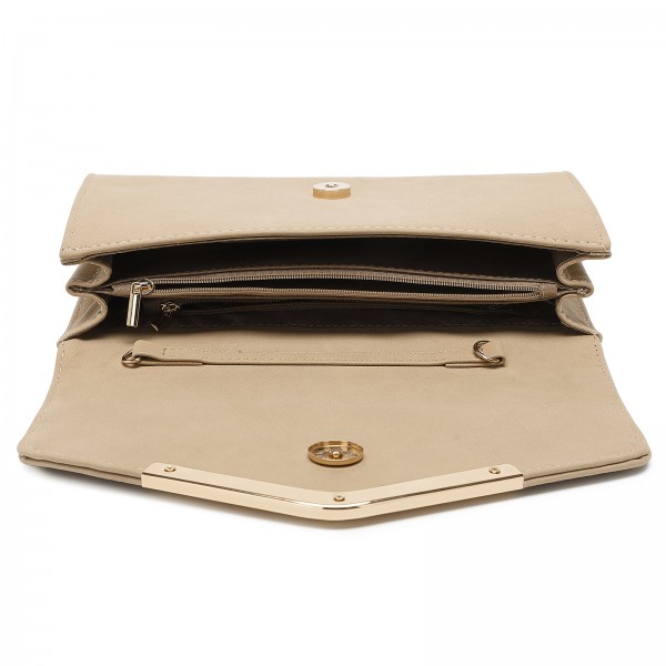 LH1756 - Miss Lulu Leather Look Envelope Clutch Bag - Khaki
