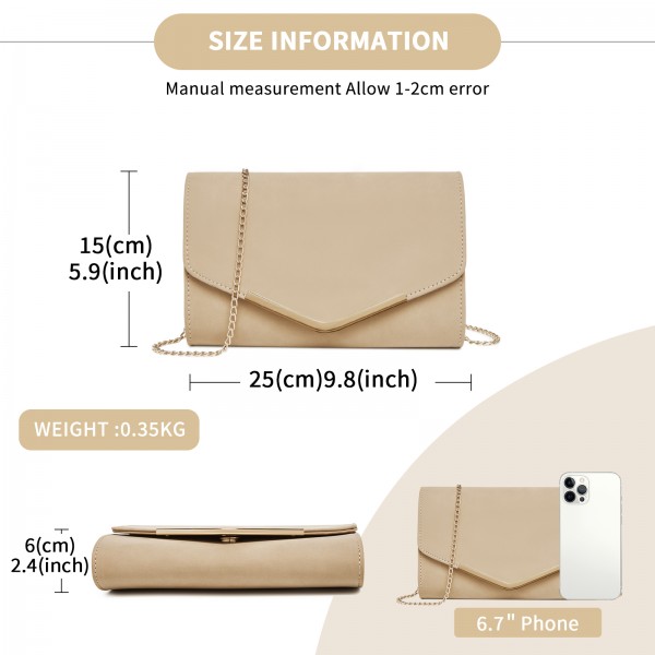 LH1756 - Miss Lulu Leather Look Envelope Clutch Bag - Khaki