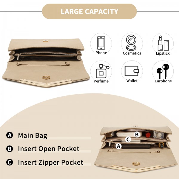 LH1756 - Miss Lulu Leather Look Envelope Clutch Bag - Khaki