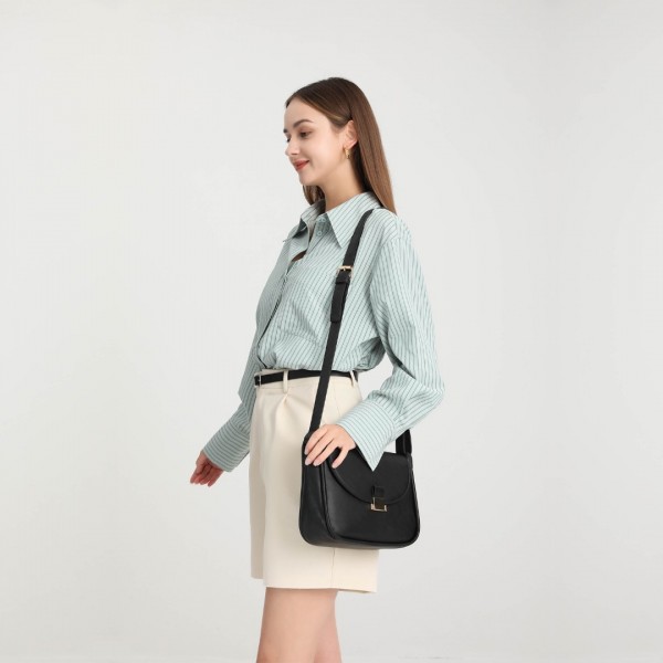 LH2109 - Miss Lulu Fashion Leather Commute Flap Small Square Bag - Black