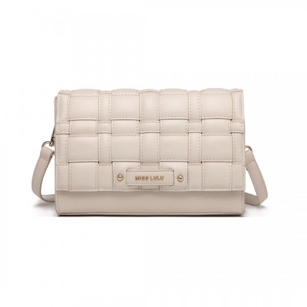 LH2202 - Miss Lulu Woven Texture Flap Leather Shoulder Bag - Beige