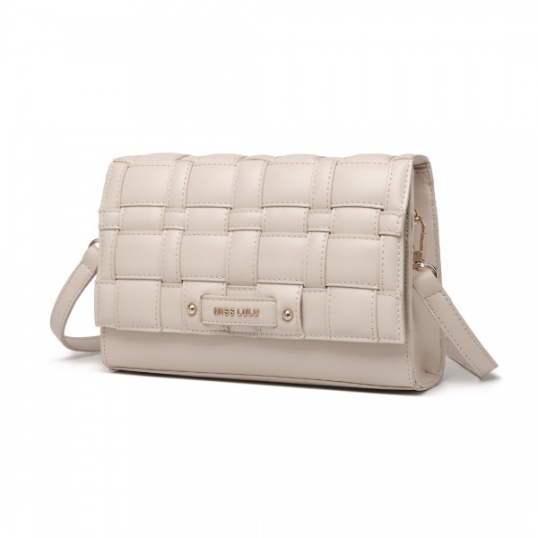 LH2202 - Miss Lulu Woven Texture Flap Leather Shoulder Bag - Beige