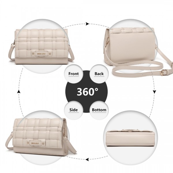 LH2202 - Miss Lulu Woven Texture Flap Leather Shoulder Bag - Beige