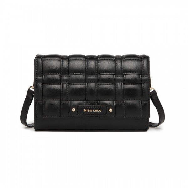 LH2202 - Miss Lulu Woven Texture Flap Leather Shoulder Bag - Black