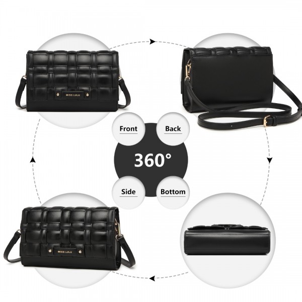 LH2202 - Miss Lulu Woven Texture Flap Leather Shoulder Bag - Black
