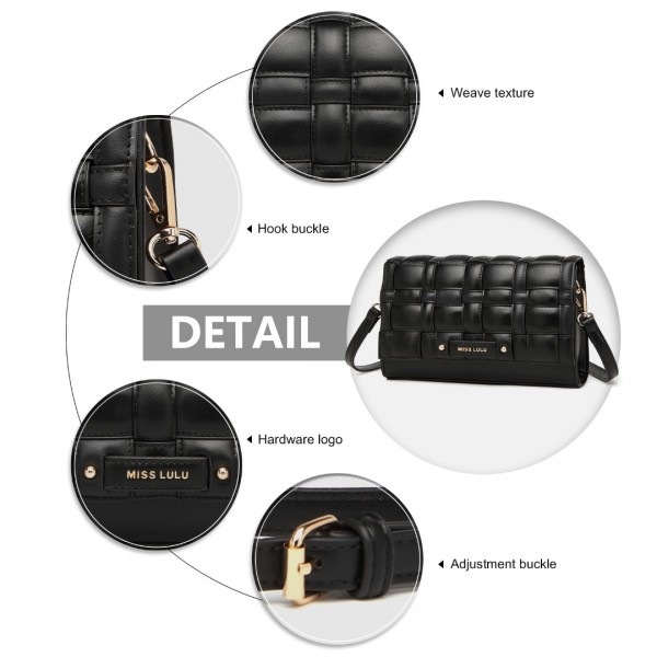 LH2202 - Miss Lulu Woven Texture Flap Leather Shoulder Bag - Black