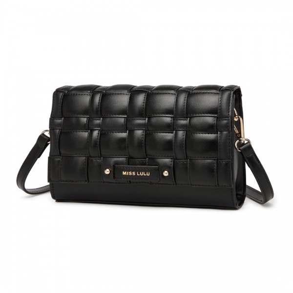 LH2202 - Miss Lulu Woven Texture Flap Leather Shoulder Bag - Black