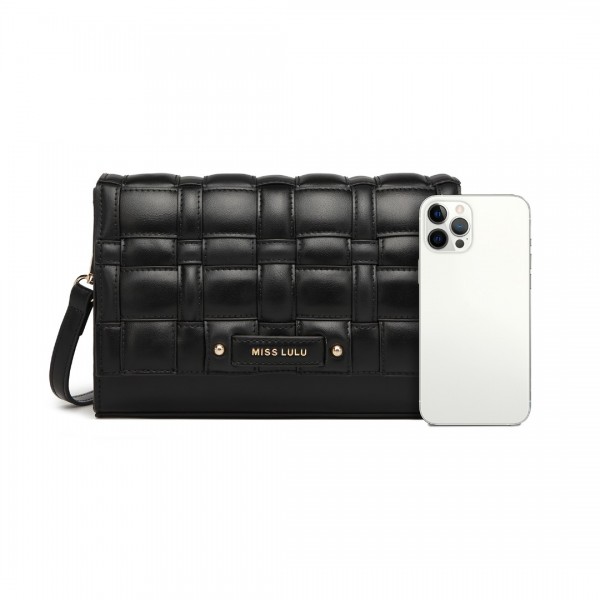 LH2202 - Miss Lulu Woven Texture Flap Leather Shoulder Bag - Black