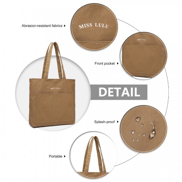 LH2319 - Miss Lulu Large Capacity Canvas Shopping Shoulder Bag - Brown