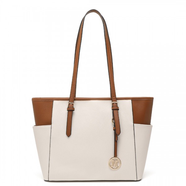 LM1642-1 - Miss Lulu Faux Leather Adjustable Handle Tote Bag - Beige And Light Brown