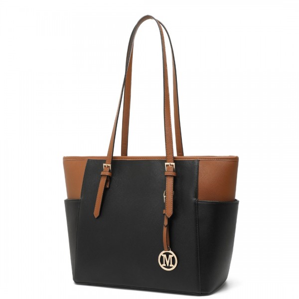 LM1642-1 - Miss Lulu Faux Leather Adjustable Handle Tote Bag - Black And Brown