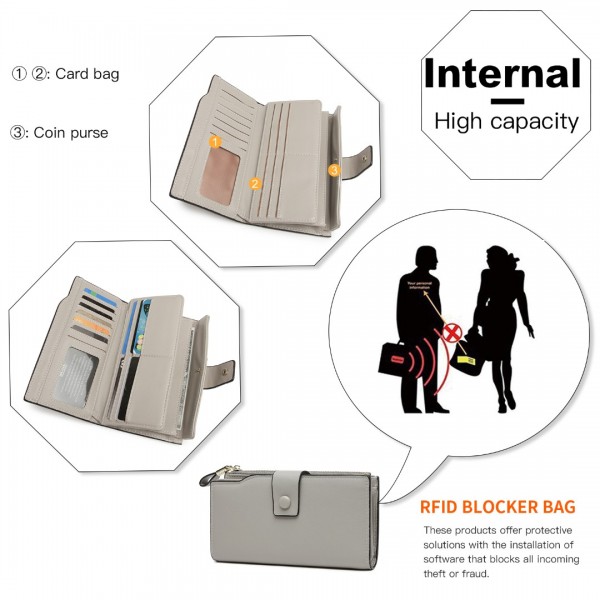 LP2104 - Miss Lulu RFID-Blocking Sleek Clutch Purse - Grey