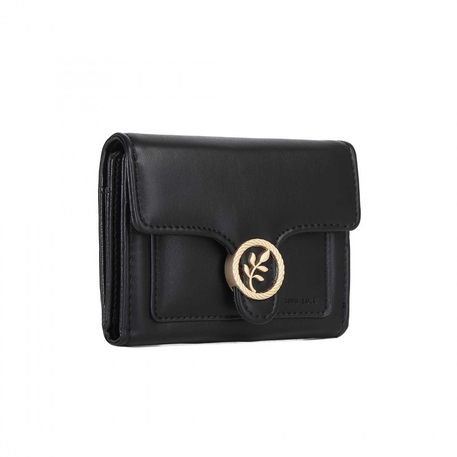 LP2336 - Miss Lulu PU Leather Leaf-Shaped Round Clasp Wallet - Black