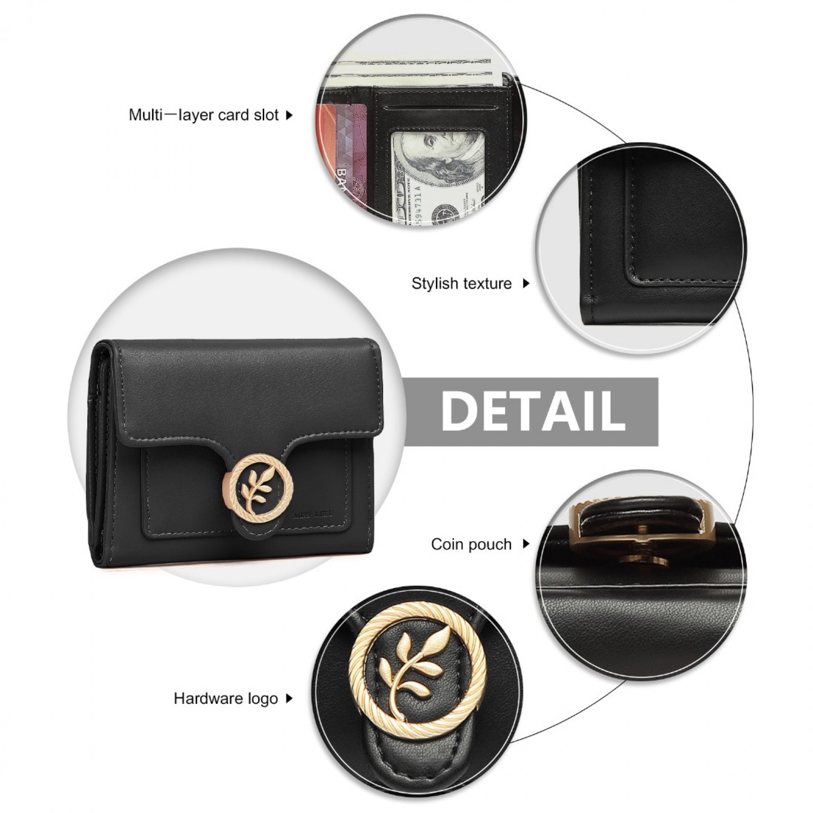 LP2336 - Miss Lulu PU Leather Leaf-Shaped Round Clasp Wallet - Black