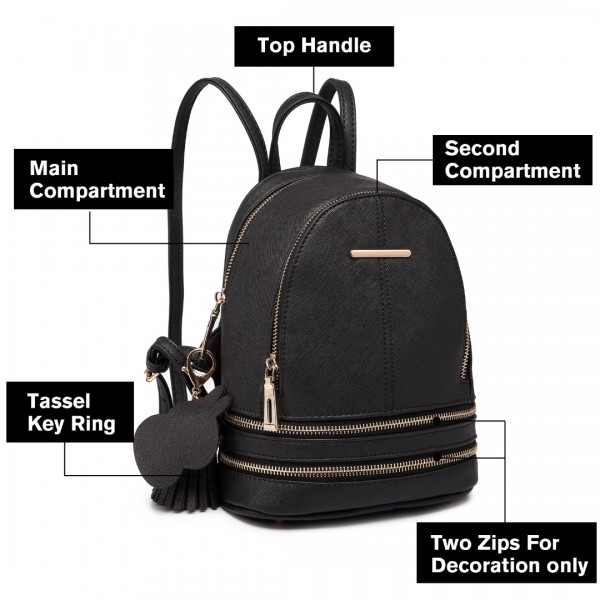 LT1705 - Miss Lulu PU Leather Look Small Fashion Backpack - Black