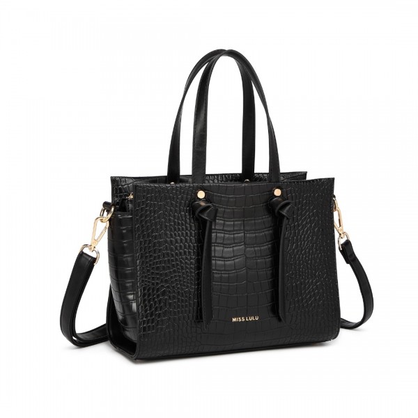 LT2135 - Miss Lulu Crocodile Pattern Large Capacity Leather Cross-body Handbag - Black