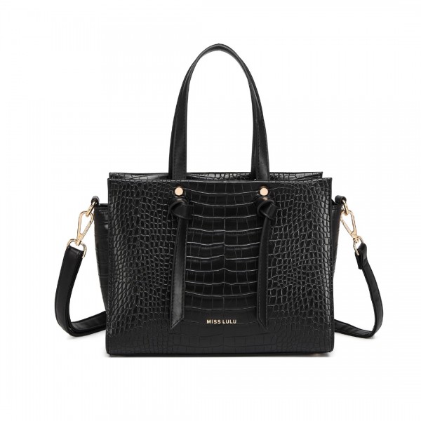 LT2135 - Miss Lulu Crocodile Pattern Large Capacity Leather Cross-body Handbag - Black