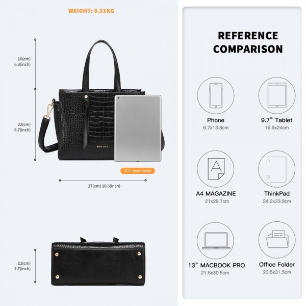 LT2135 - Miss Lulu Crocodile Pattern Large Capacity Leather Cross-body Handbag - Black