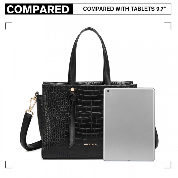 LT2135 - Miss Lulu Crocodile Pattern Large Capacity Leather Cross-body Handbag - Black