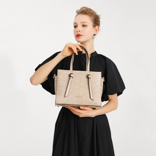 LT2135 - Miss Lulu Crocodile Pattern Large Capacity Leather Cross-body Handbag - Khaki