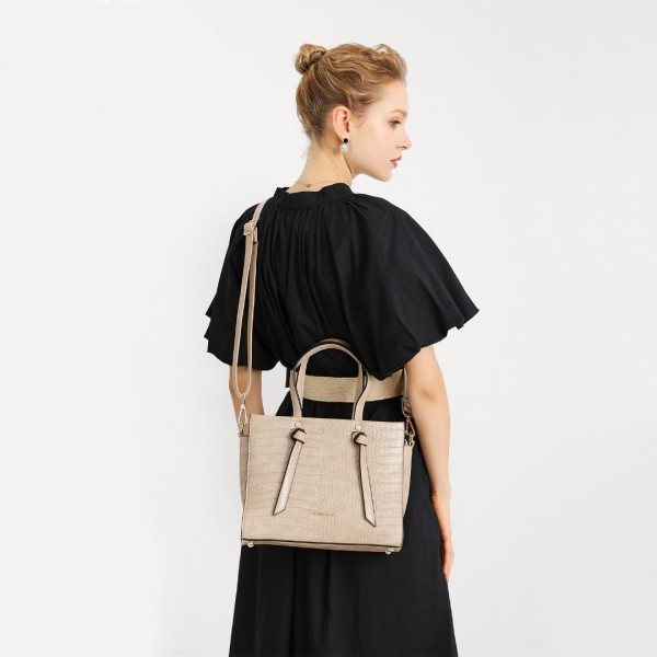 LT2135 - Miss Lulu Crocodile Pattern Large Capacity Leather Cross-body Handbag - Khaki