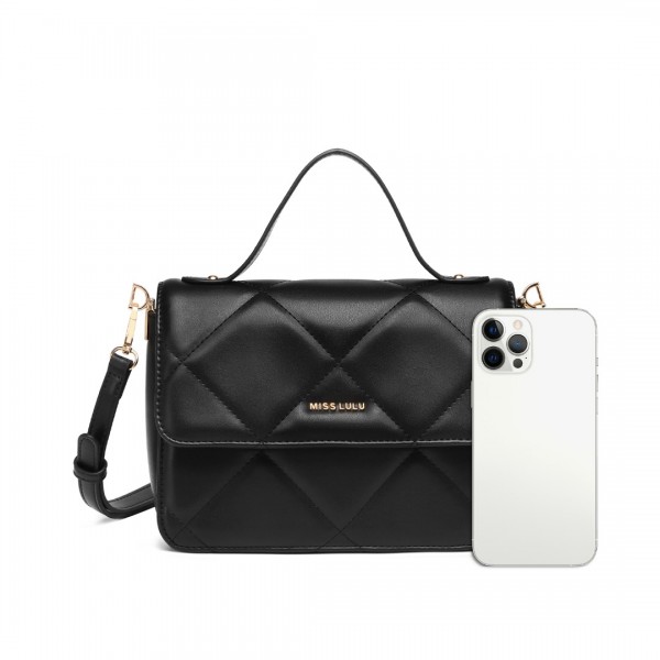 LT2201 - Miss Lulu Diamond Quilted Leather Chain Shoulder Bag - Black
