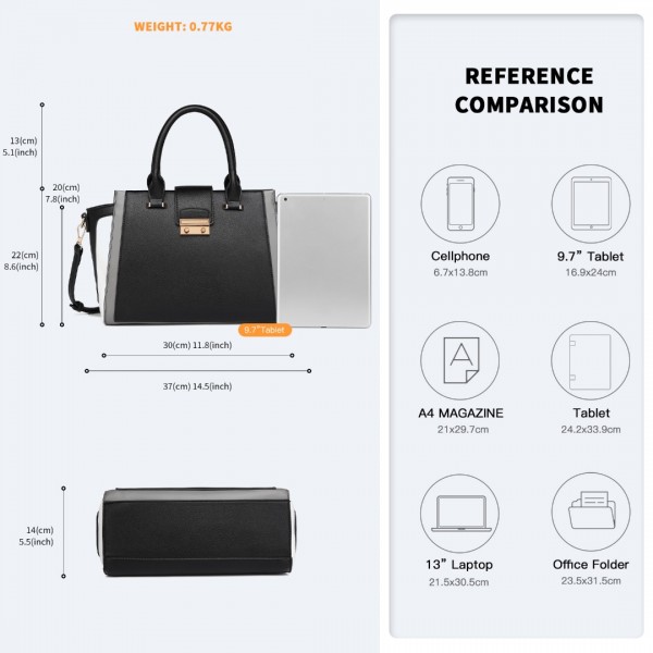 LT2204 - Miss Lulu Klassisch Kontrast Metallschloss Leder Handtasche - Schwarz