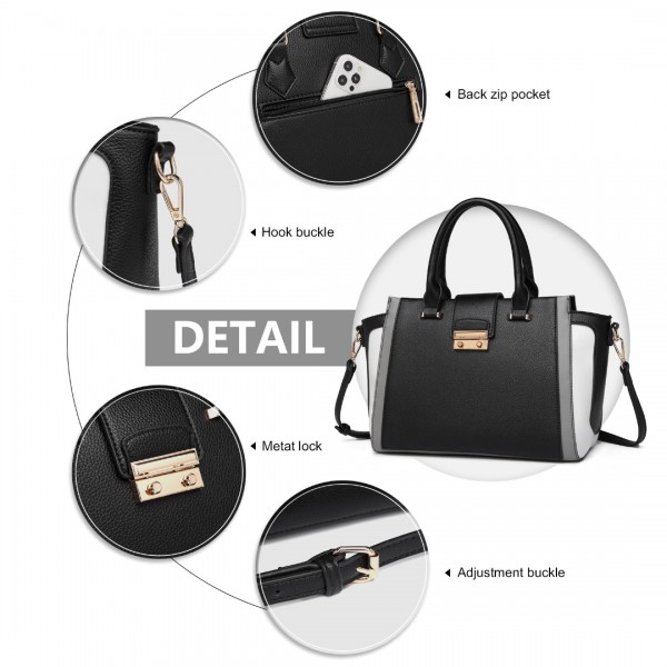 LT2204 - Miss Lulu Klassisch Kontrast Metallschloss Leder Handtasche - Schwarz