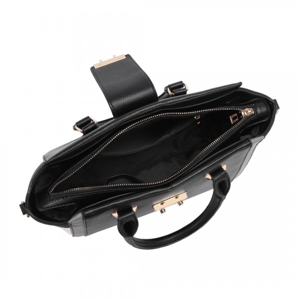LT2204 - Miss Lulu Klassisch Kontrast Metallschloss Leder Handtasche - Schwarz