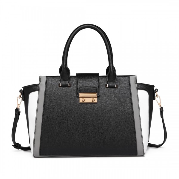 LT2204 - Miss Lulu Klassisch Kontrast Metallschloss Leder Handtasche - Schwarz