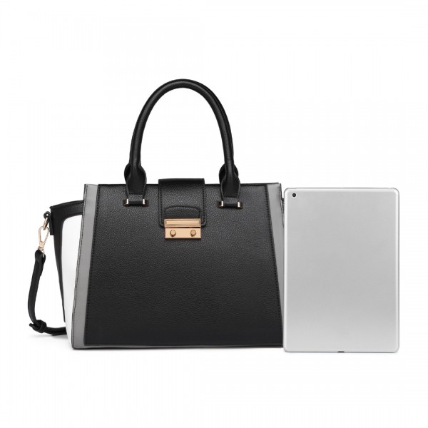 LT2204 - Miss Lulu Klassisch Kontrast Metallschloss Leder Handtasche - Schwarz