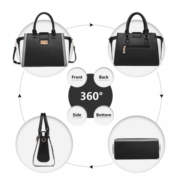 LT2204 - Miss Lulu Klassisch Kontrast Metallschloss Leder Handtasche - Schwarz