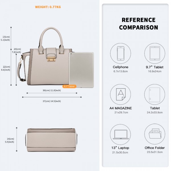 LT2204 - Miss Lulu Klassisch Kontrast Metallschloss Leder Handtasche - Grau
