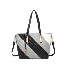 LT2225 - Miss Lulu Contrast Colour Twill Leather Handbag Tote Bag - Black And Grey
