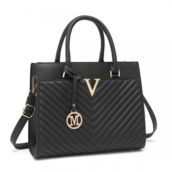 LT2357 - Miss Lulu Chic V-Quilted PU Leather Sophisticated Handbag - Black