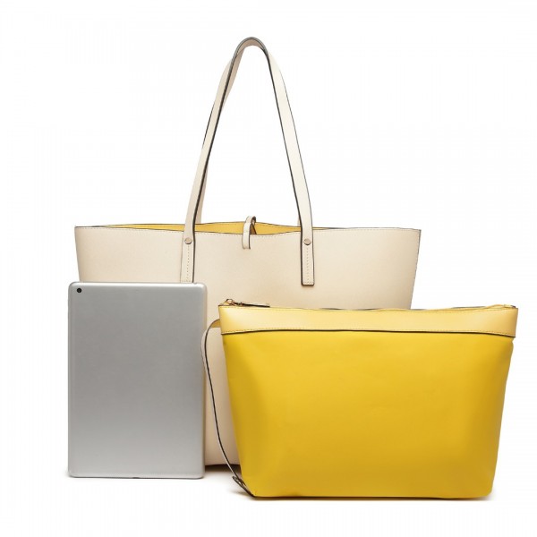 LT6628-1 - Miss Lulu Women Reversible Contrast Shopper Tote Bag Beige