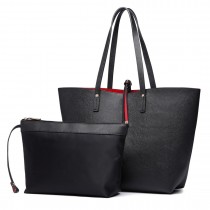 LT6628-1-Mujeres Double Sides PU bolso de cuero Tote Contiene un Hombro Cross Body Bag negro