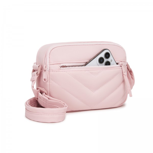MSM2619 - Miss Lulu Women’s Crossbody Bag, Multi‑Zip Pockets Compact Daily Shoulder Bag - Pink