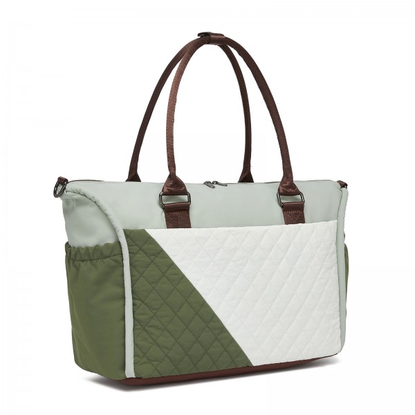 TVM2520 - Miss Lulu Stylish Quilted Color-Blocked Cabin Travel Bag with Dry-wet separation compartment & Trolley Sleeve - Green and Beige