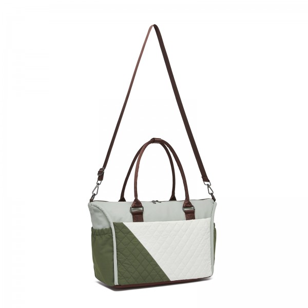 TVM2520 - Miss Lulu Stylish Quilted Color-Blocked Cabin Travel Bag with Dry-wet separation compartment & Trolley Sleeve - Green and Beige
