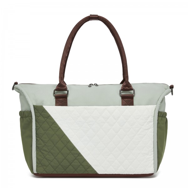 TVM2520 - Miss Lulu Stylish Quilted Color-Blocked Cabin Travel Bag with Dry-wet separation compartment & Trolley Sleeve - Green and Beige