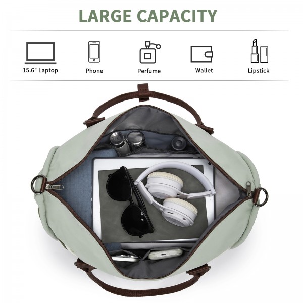 TVM2520 - Miss Lulu Stylish Quilted Color-Blocked Cabin Travel Bag with Dry-wet separation compartment & Trolley Sleeve - Green and Beige