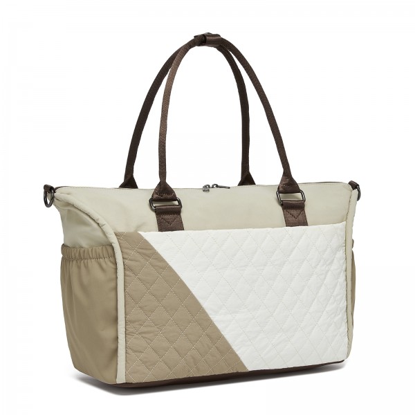 TVM2520 - Miss Lulu Stylish Quilted Color-Blocked Cabin Travel Bag with Dry-wet separation compartment & Trolley Sleeve - Khaki and Beige