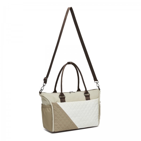 TVM2520 - Miss Lulu Stylish Quilted Color-Blocked Cabin Travel Bag with Dry-wet separation compartment & Trolley Sleeve - Khaki and Beige