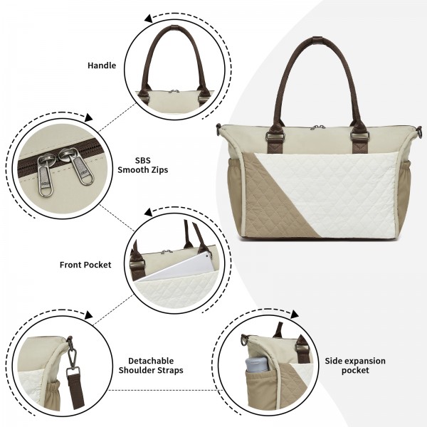 TVM2520 - Miss Lulu Stylish Quilted Color-Blocked Cabin Travel Bag with Dry-wet separation compartment & Trolley Sleeve - Khaki and Beige