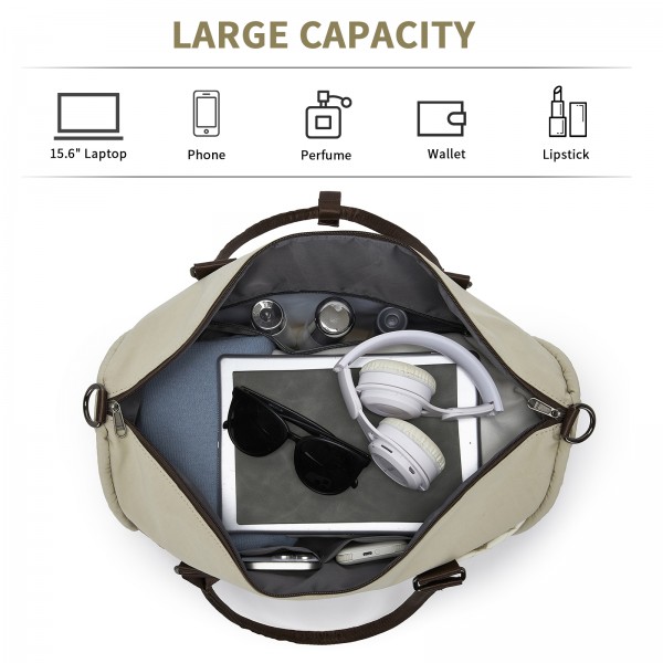 TVM2520 - Miss Lulu Stylish Quilted Color-Blocked Cabin Travel Bag with Dry-wet separation compartment & Trolley Sleeve - Khaki and Beige