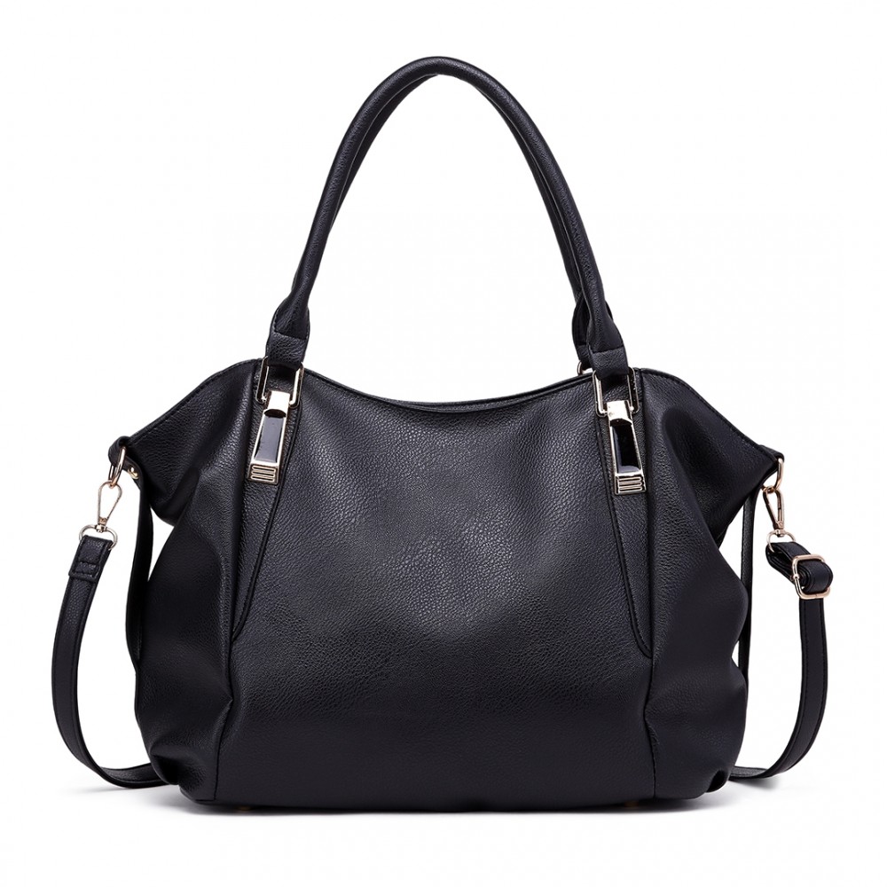 S1716 - Miss Lulu Soft Leather Look Slouchy Hobo Shoulder Bag - Black