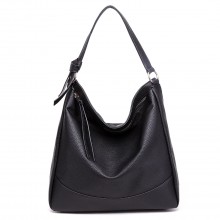 S1761 BK - Midium Size Miss Lulu Leather Look Slouch Hobo Shoulder Tote Bag Black