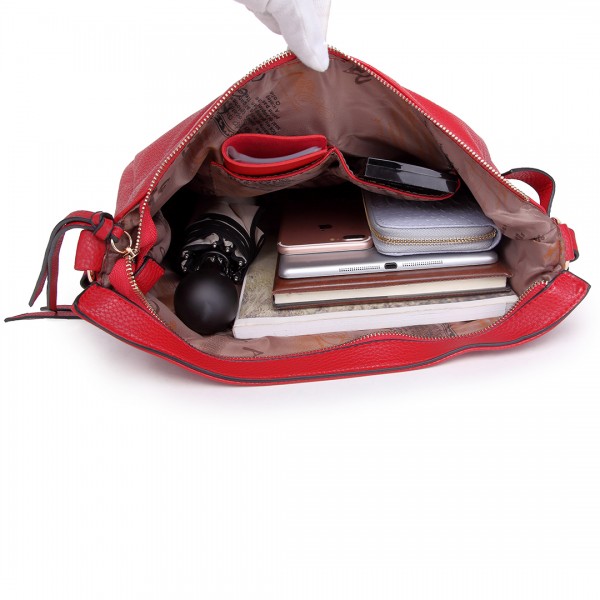 S1761 RD - Midium Size Miss Lulu Leather Look Slouch Hobo Shoulder Tote Bag Red